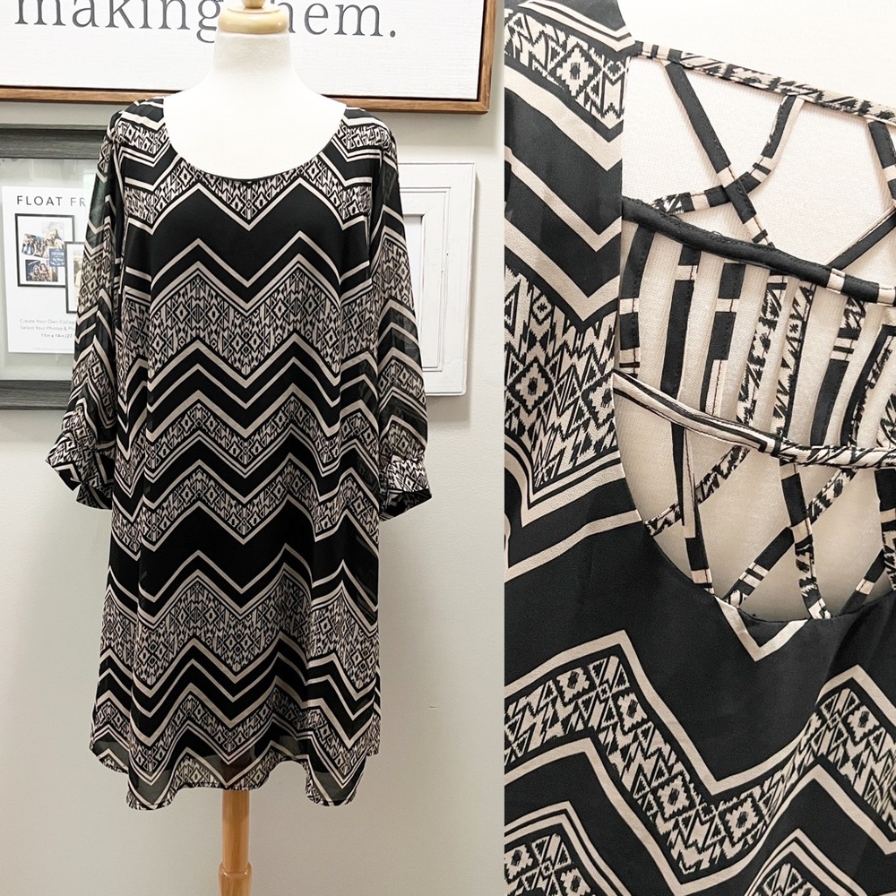 Black/Tan Chevron 3/4 Sleeve Dress